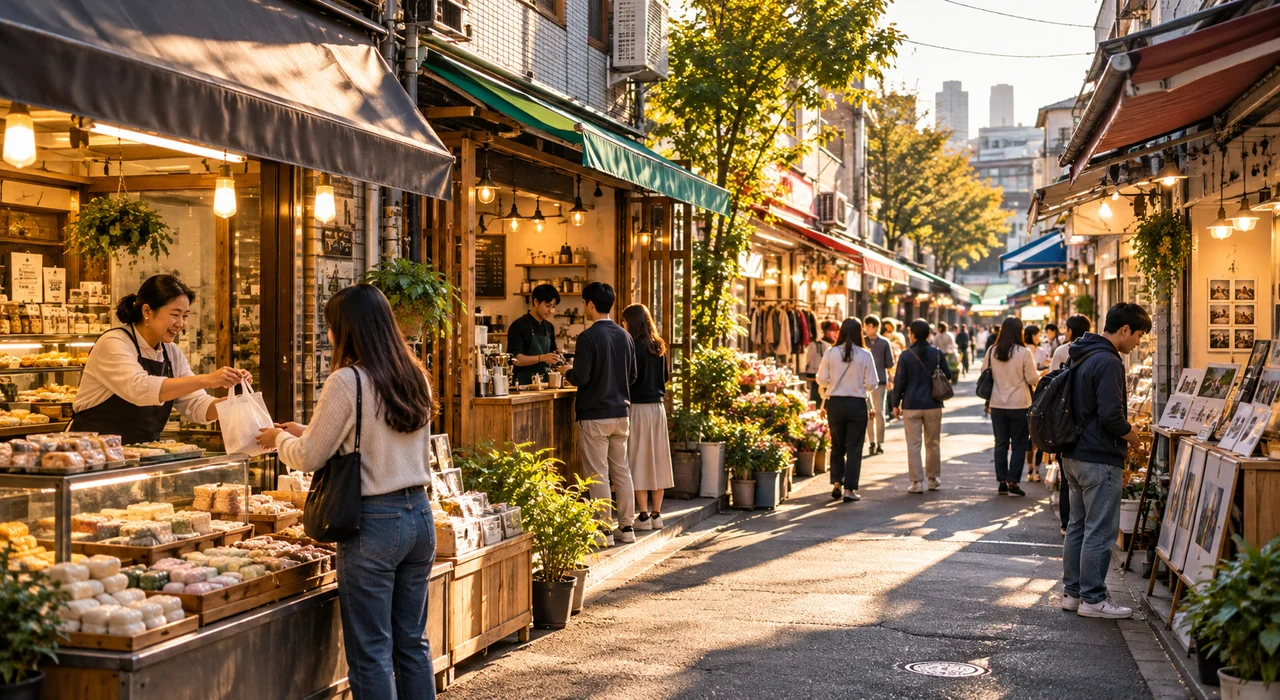 동네 골목상권에서 여러 가게와 사람들이 오가는 장면을 새로 구성한 AI 연출 이미지