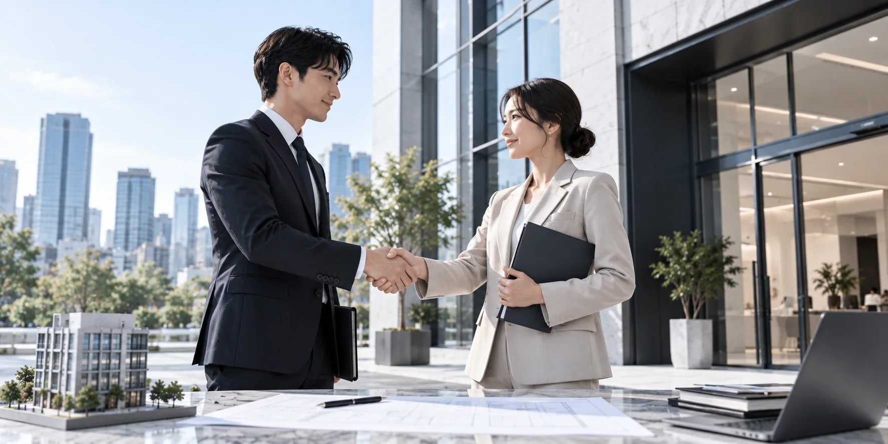 상업용 건물 앞에서 운영과 인수인계를 상징하는 장면